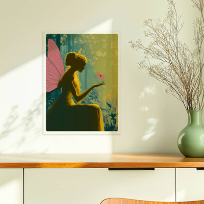 Fee mit rosa Schmetterlingsflügeln sitzt verträumt im sonnendurchfluteten Märchenwald, ein rosa Schmetterling landet auf ihrer Hand, umgeben von Blumen.. Ohne Rahmen 30x40