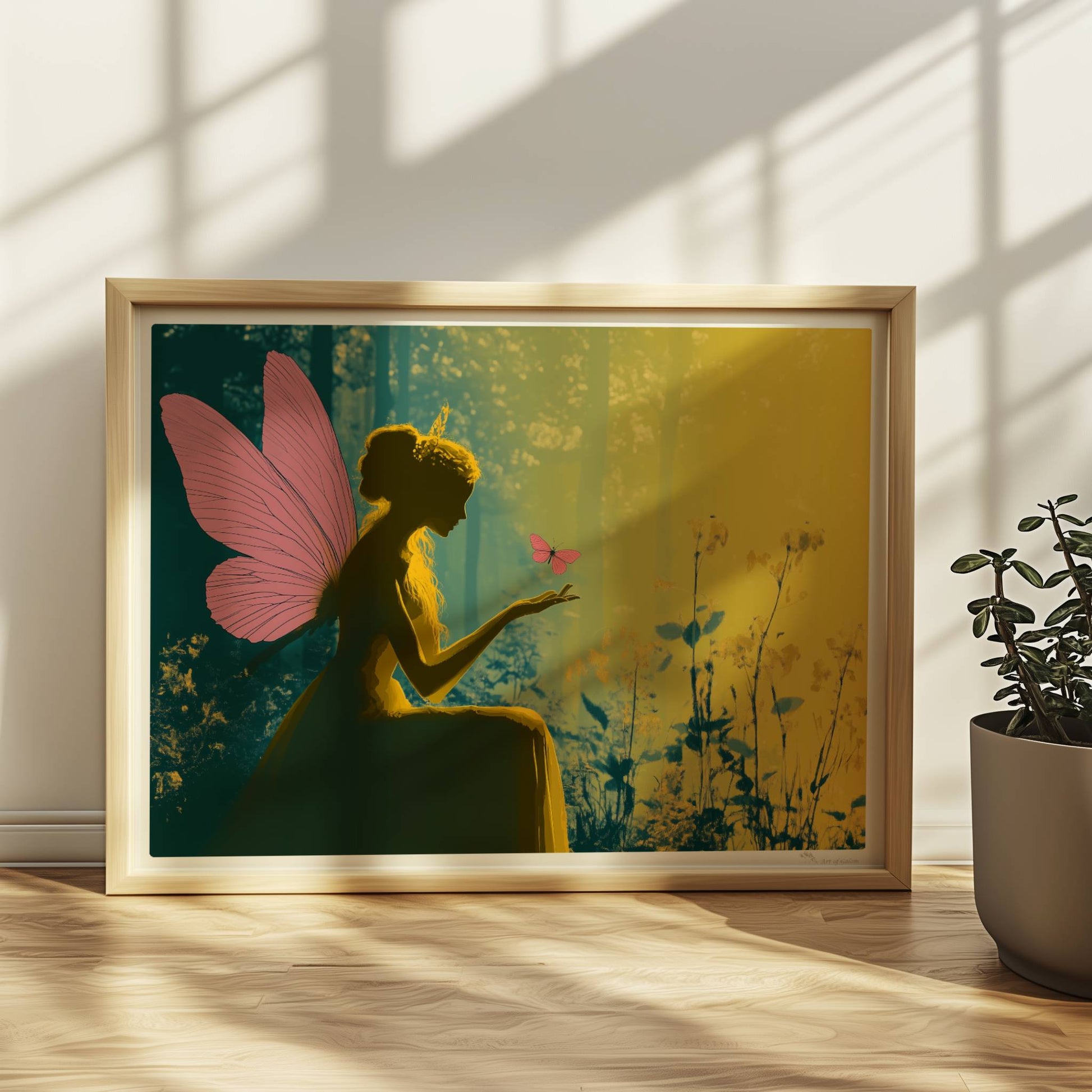 Fee mit rosa Schmetterlingsflügeln sitzt verträumt im sonnendurchfluteten Märchenwald, ein rosa Schmetterling landet auf ihrer Hand, umgeben von Blumen.. Rahmen natur 40x30