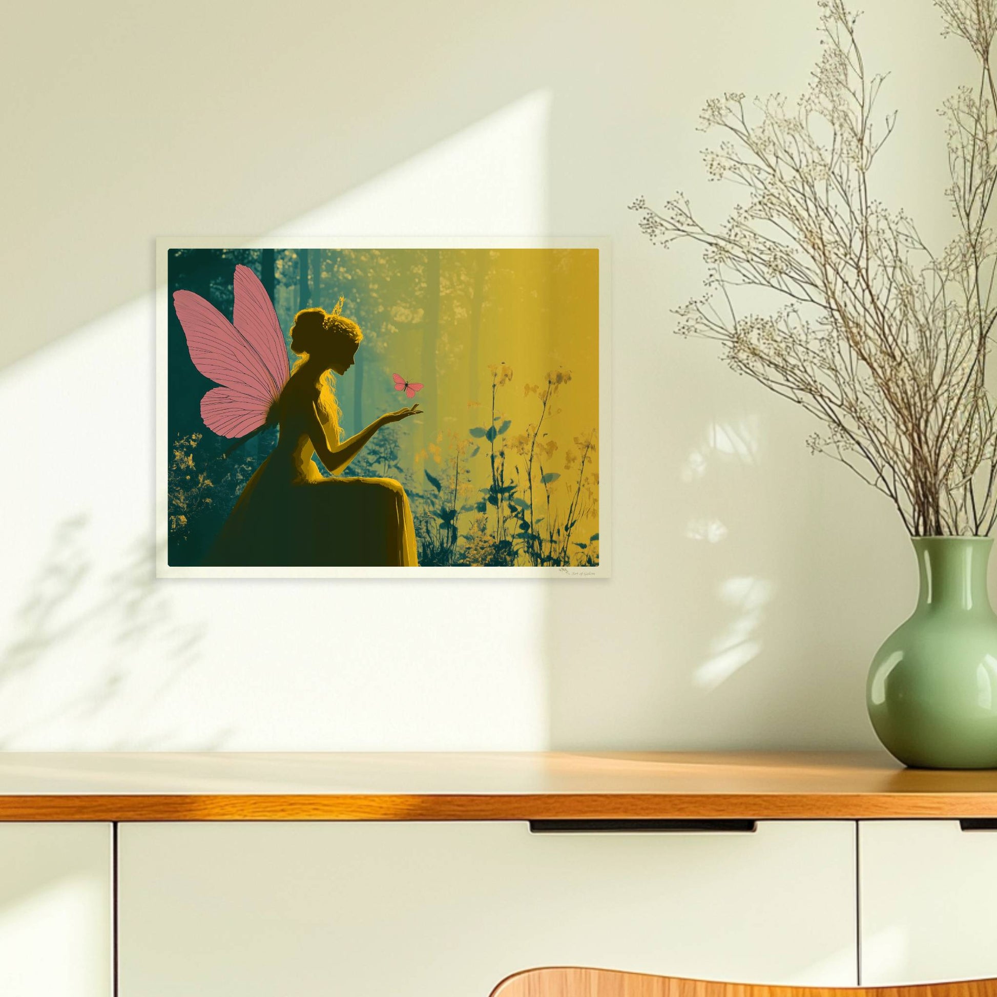 Fee mit rosa Schmetterlingsflügeln sitzt verträumt im sonnendurchfluteten Märchenwald, ein rosa Schmetterling landet auf ihrer Hand, umgeben von Blumen.. Ohne Rahmen 40x30