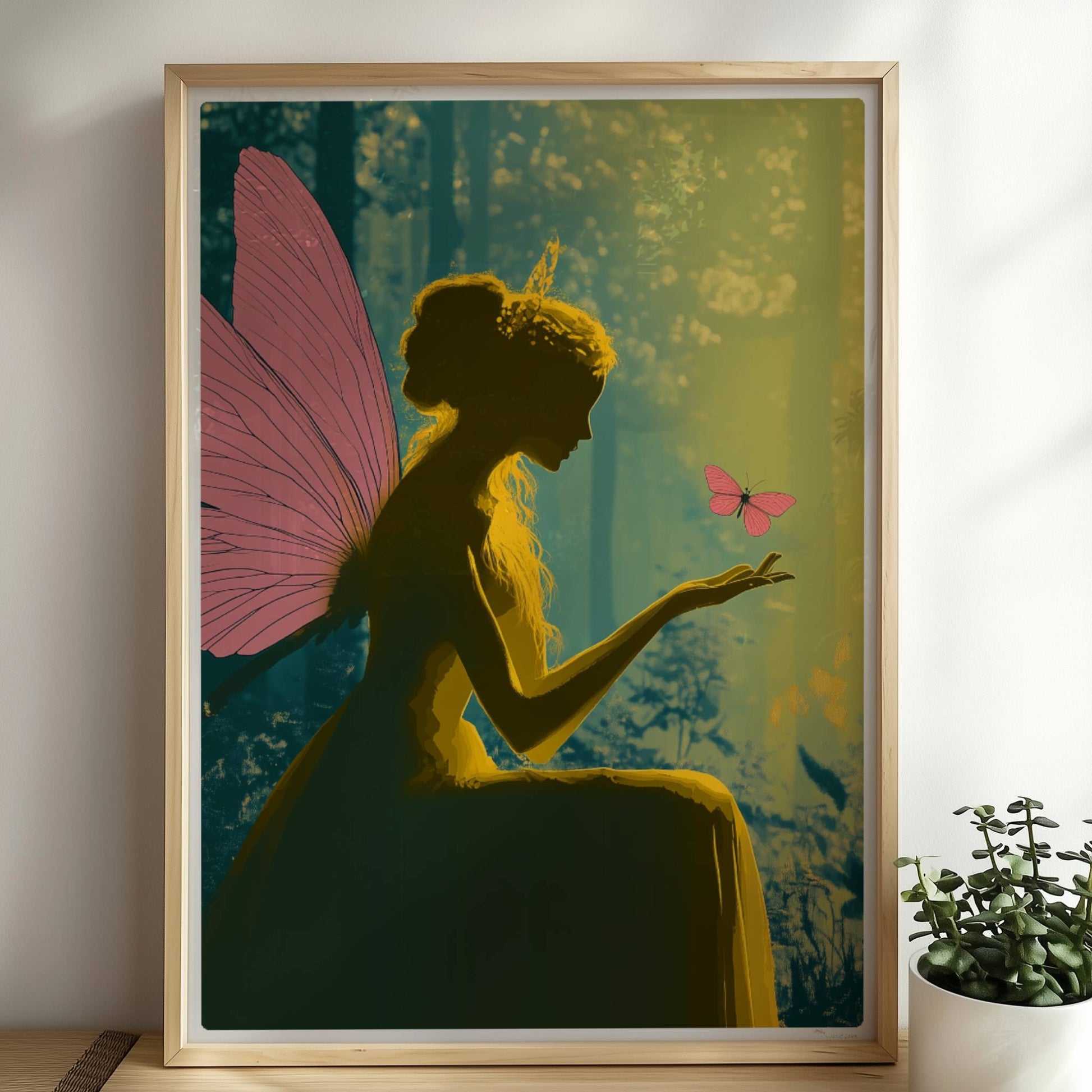 Fee mit rosa Schmetterlingsflügeln sitzt verträumt im sonnendurchfluteten Märchenwald, ein rosa Schmetterling landet auf ihrer Hand, umgeben von Blumen.. Rahmen natur 50x70
