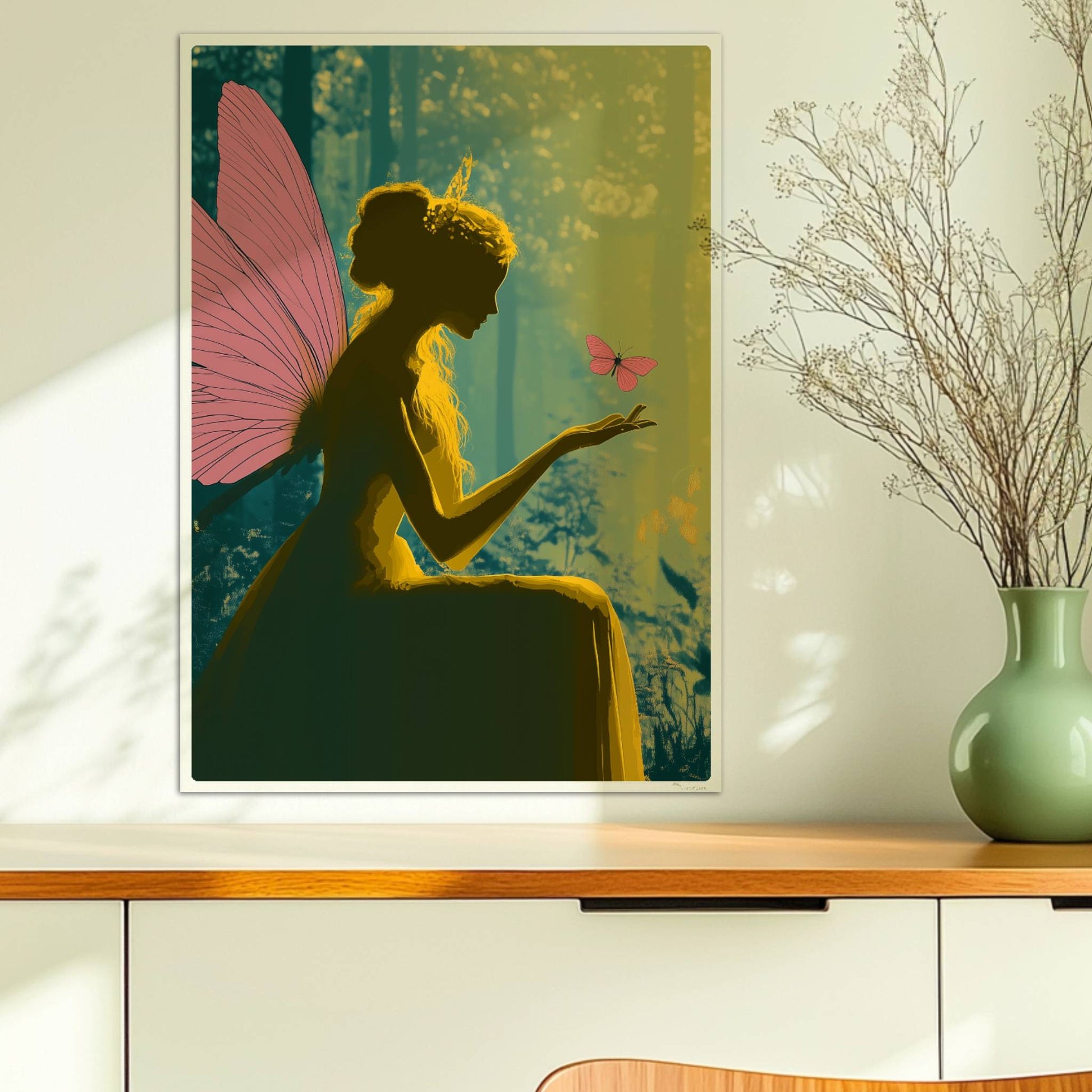 Fee mit rosa Schmetterlingsflügeln sitzt verträumt im sonnendurchfluteten Märchenwald, ein rosa Schmetterling landet auf ihrer Hand, umgeben von Blumen.. Ohne Rahmen 50x70