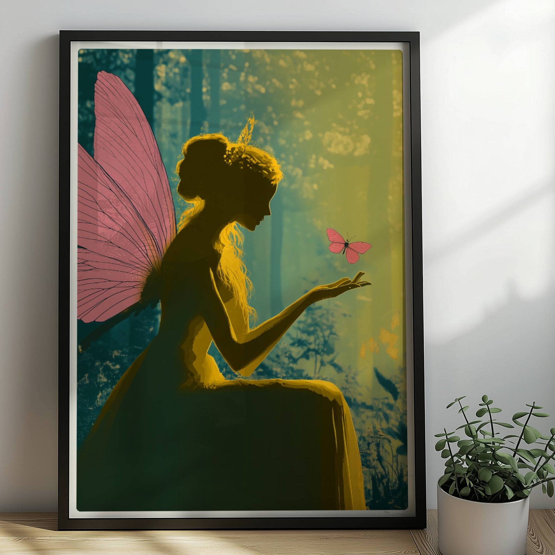 Fee mit rosa Schmetterlingsflügeln sitzt verträumt im sonnendurchfluteten Märchenwald, ein rosa Schmetterling landet auf ihrer Hand, umgeben von Blumen.. Rahmen schwarz 50x70