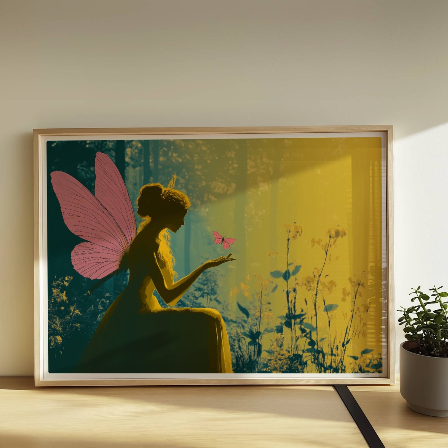 Fee mit rosa Schmetterlingsflügeln sitzt verträumt im sonnendurchfluteten Märchenwald, ein rosa Schmetterling landet auf ihrer Hand, umgeben von Blumen.. Rahmen natur 70x50