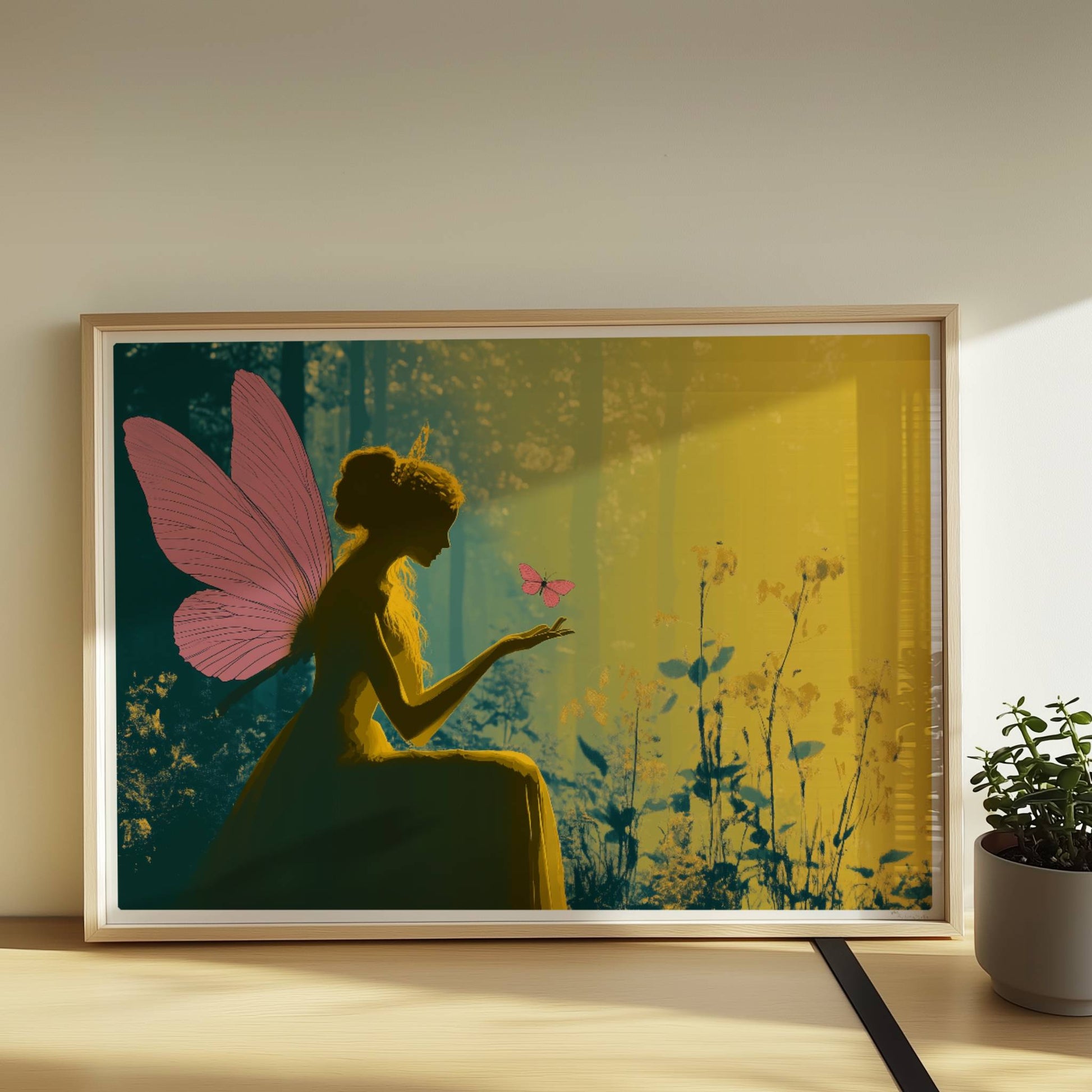 Fee mit rosa Schmetterlingsflügeln sitzt verträumt im sonnendurchfluteten Märchenwald, ein rosa Schmetterling landet auf ihrer Hand, umgeben von Blumen.. Rahmen natur 70x50
