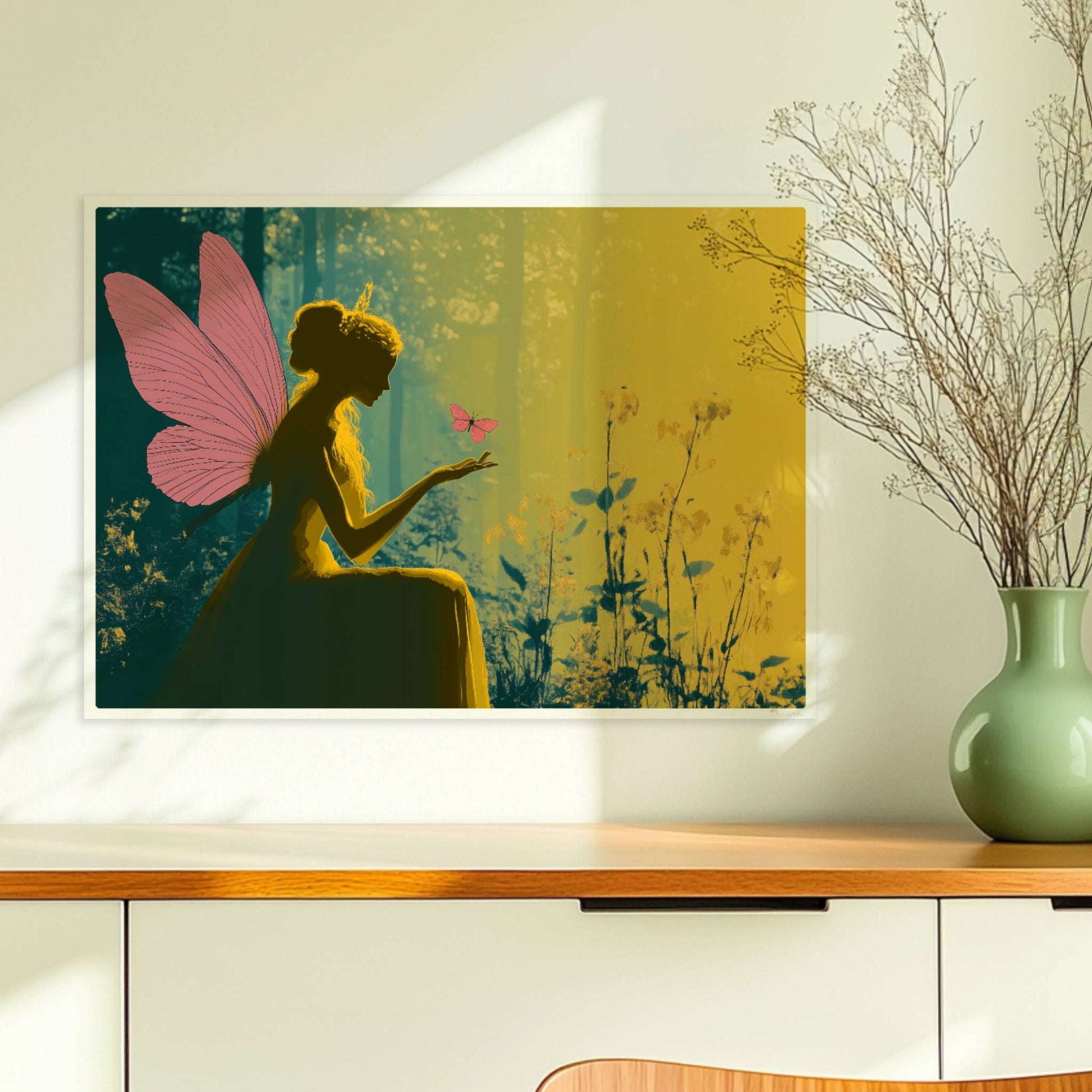 Fee mit rosa Schmetterlingsflügeln sitzt verträumt im sonnendurchfluteten Märchenwald, ein rosa Schmetterling landet auf ihrer Hand, umgeben von Blumen.. Ohne Rahmen 70x50