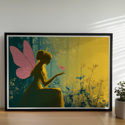 Fee mit rosa Schmetterlingsflügeln sitzt verträumt im sonnendurchfluteten Märchenwald, ein rosa Schmetterling landet auf ihrer Hand, umgeben von Blumen.. Rahmen schwarz 70x50