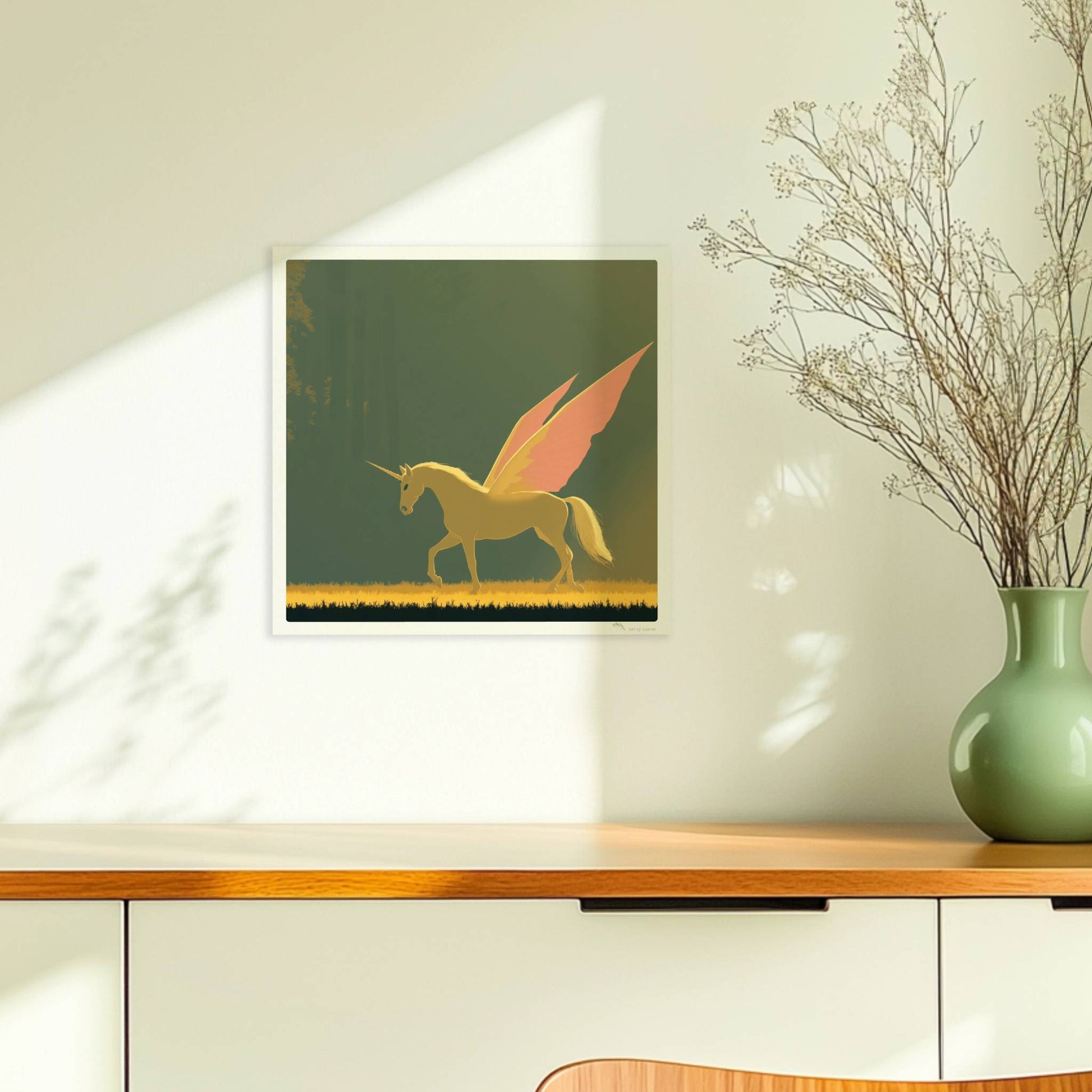 Einhorn mit rosa Schmetterlingsflügeln galoppiert anmutig durch einen sonnigen, mystischen Wald.. Ohne Rahmen 30x30