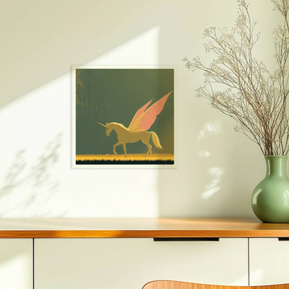 Einhorn mit rosa Schmetterlingsflügeln galoppiert anmutig durch einen sonnigen, mystischen Wald.. Ohne Rahmen 30x30