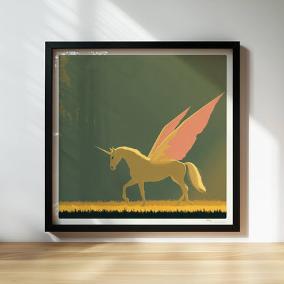 Einhorn mit rosa Schmetterlingsflügeln galoppiert anmutig durch einen sonnigen, mystischen Wald.. Rahmen schwarz 30x30