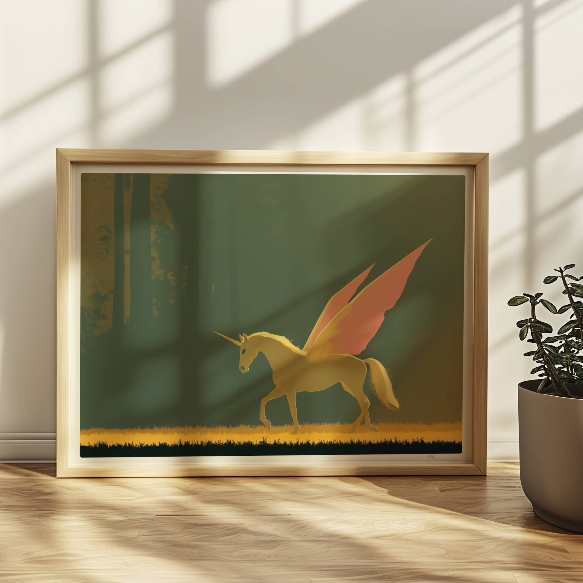 Einhorn mit rosa Schmetterlingsflügeln galoppiert anmutig durch einen sonnigen, mystischen Wald.. Rahmen natur 40x30