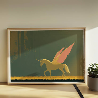 Einhorn mit rosa Schmetterlingsflügeln galoppiert anmutig durch einen sonnigen, mystischen Wald.. Rahmen natur 70x50