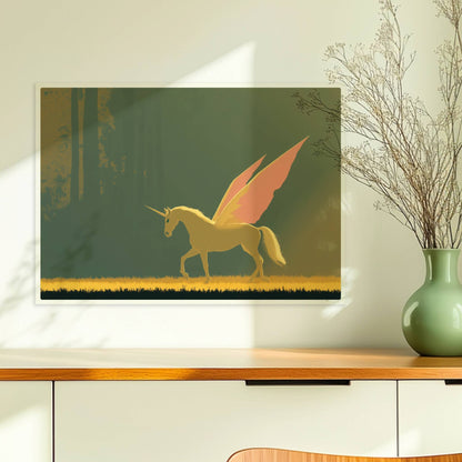 Einhorn mit rosa Schmetterlingsflügeln galoppiert anmutig durch einen sonnigen, mystischen Wald.. Ohne Rahmen 70x50