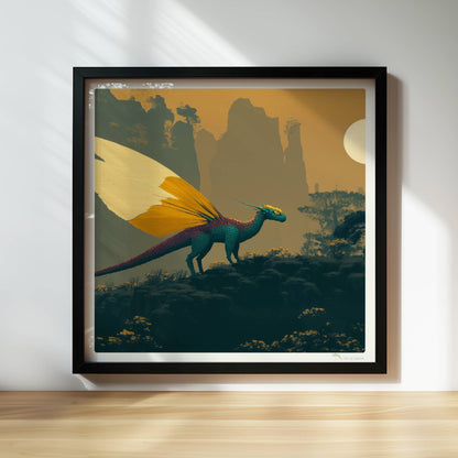 Fantasiedrache mit weißen und goldgelben Schmetterlingsflügeln steht auf einem Felsen vor nebeligen Bergen und Sonnenaufgang.. Rahmen schwarz 30x30