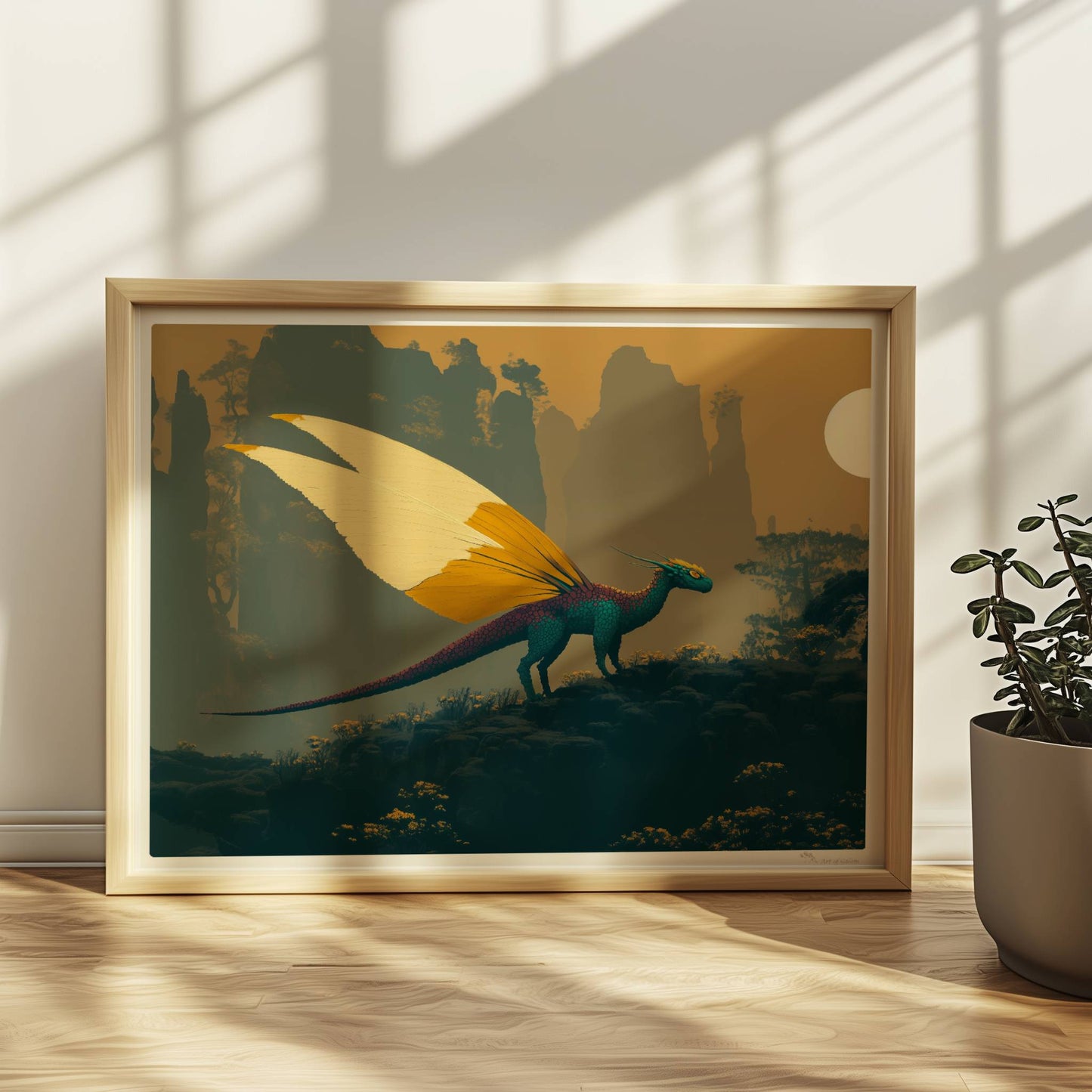 Fantasiedrache mit weißen und goldgelben Schmetterlingsflügeln steht auf einem Felsen vor nebeligen Bergen und Sonnenaufgang.. Rahmen natur 40x30