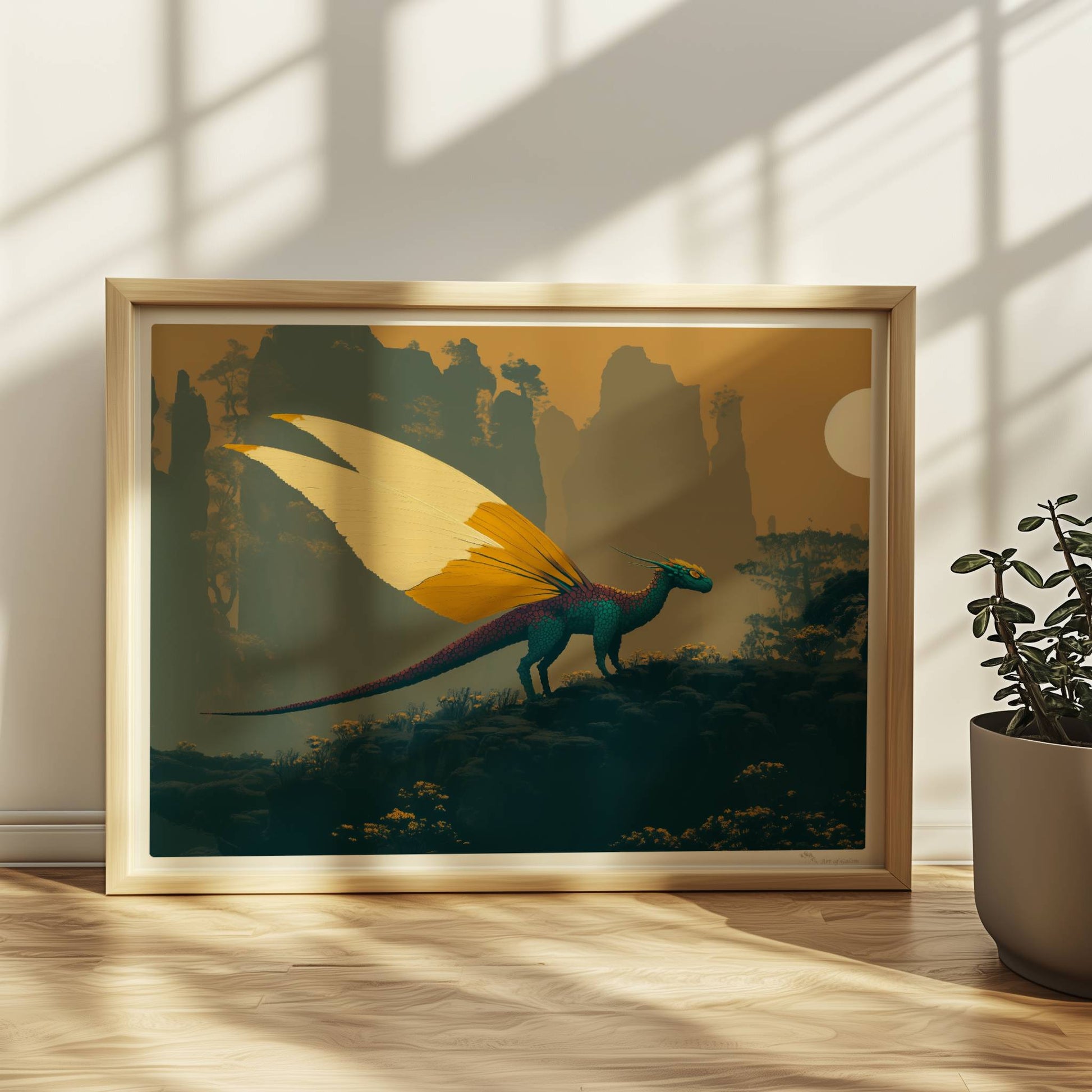 Fantasiedrache mit weißen und goldgelben Schmetterlingsflügeln steht auf einem Felsen vor nebeligen Bergen und Sonnenaufgang.. Rahmen natur 40x30
