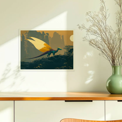 Fantasiedrache mit weißen und goldgelben Schmetterlingsflügeln steht auf einem Felsen vor nebeligen Bergen und Sonnenaufgang.. Ohne Rahmen 40x30