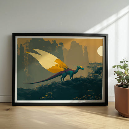 Fantasiedrache mit weißen und goldgelben Schmetterlingsflügeln steht auf einem Felsen vor nebeligen Bergen und Sonnenaufgang.. Rahmen schwarz 40x30