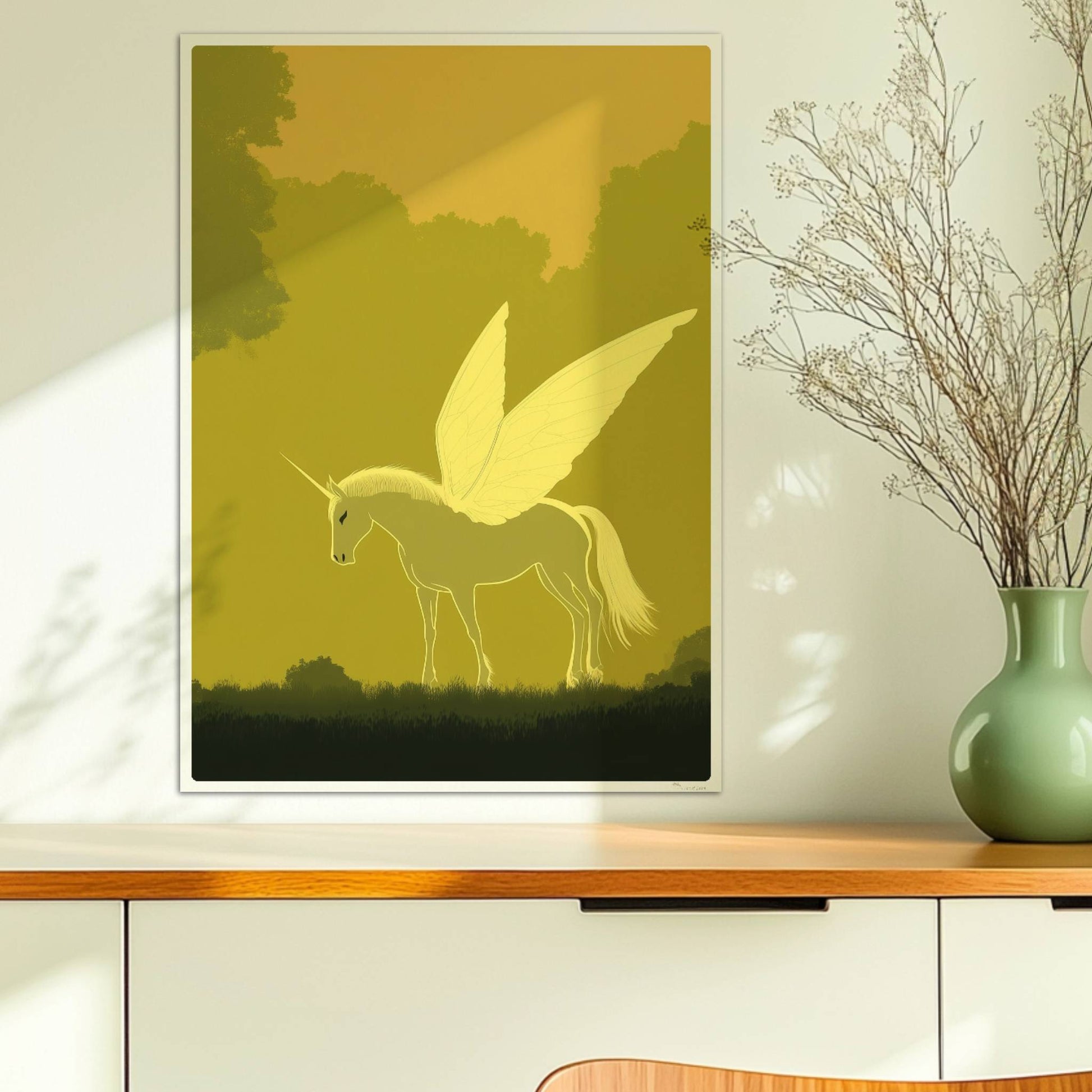 Weißes Einhorn mit zarten Schmetterlingsflügeln steht im goldenen Zauberwald im Morgenlicht.. Ohne Rahmen 50x70