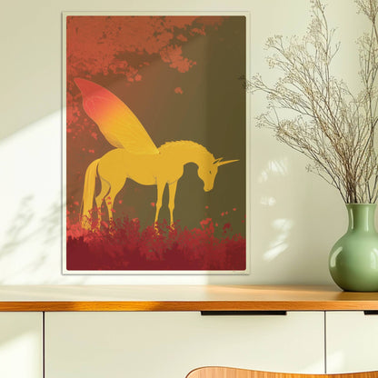 Goldenes Einhorn mit feenhaften Schmetterlingsflügeln steht im roten Märchenwald bei Sonnenaufgang.. Ohne Rahmen 50x70