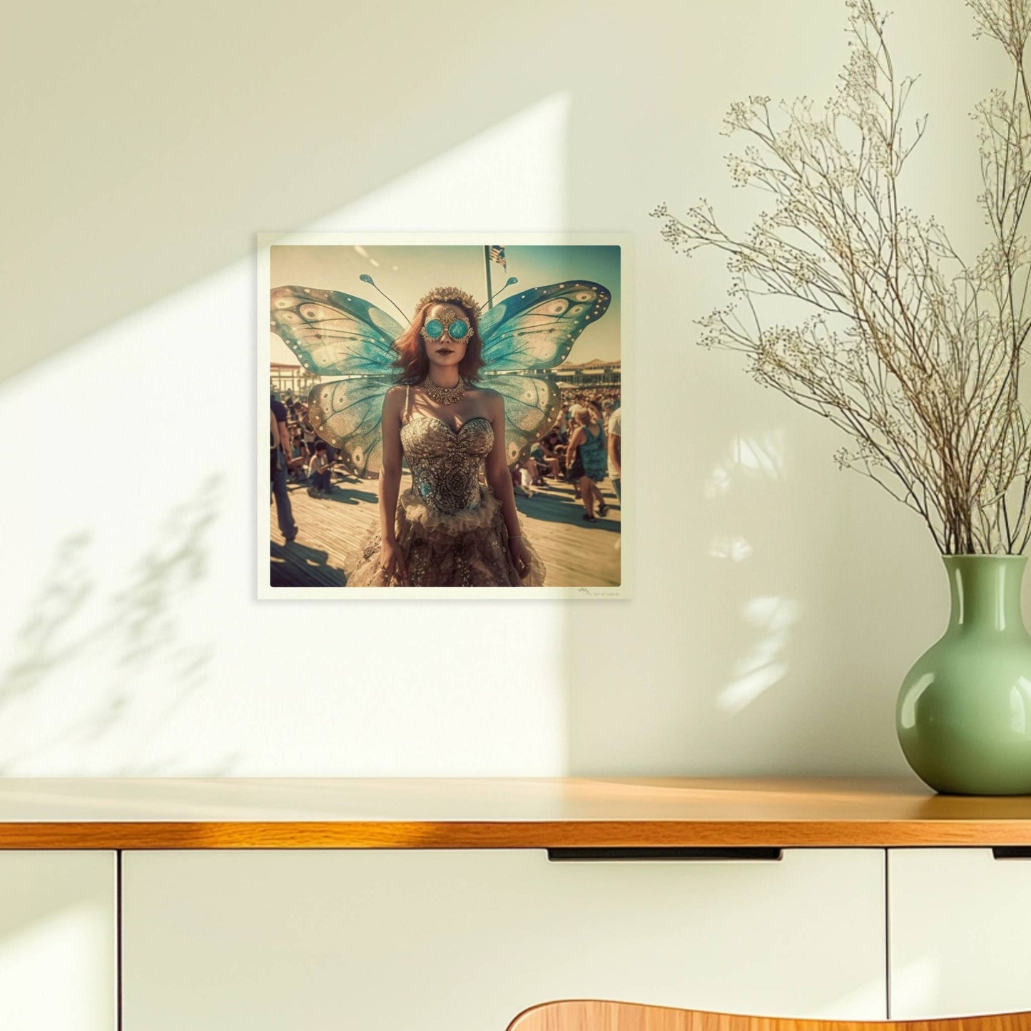 Fantasievolle Fee mit blauen Schmetterlingsflügeln und glitzerndem Kleid auf einem Festival, umgeben von Menschenmengen im Sonnenschein.. Ohne Rahmen 30x30