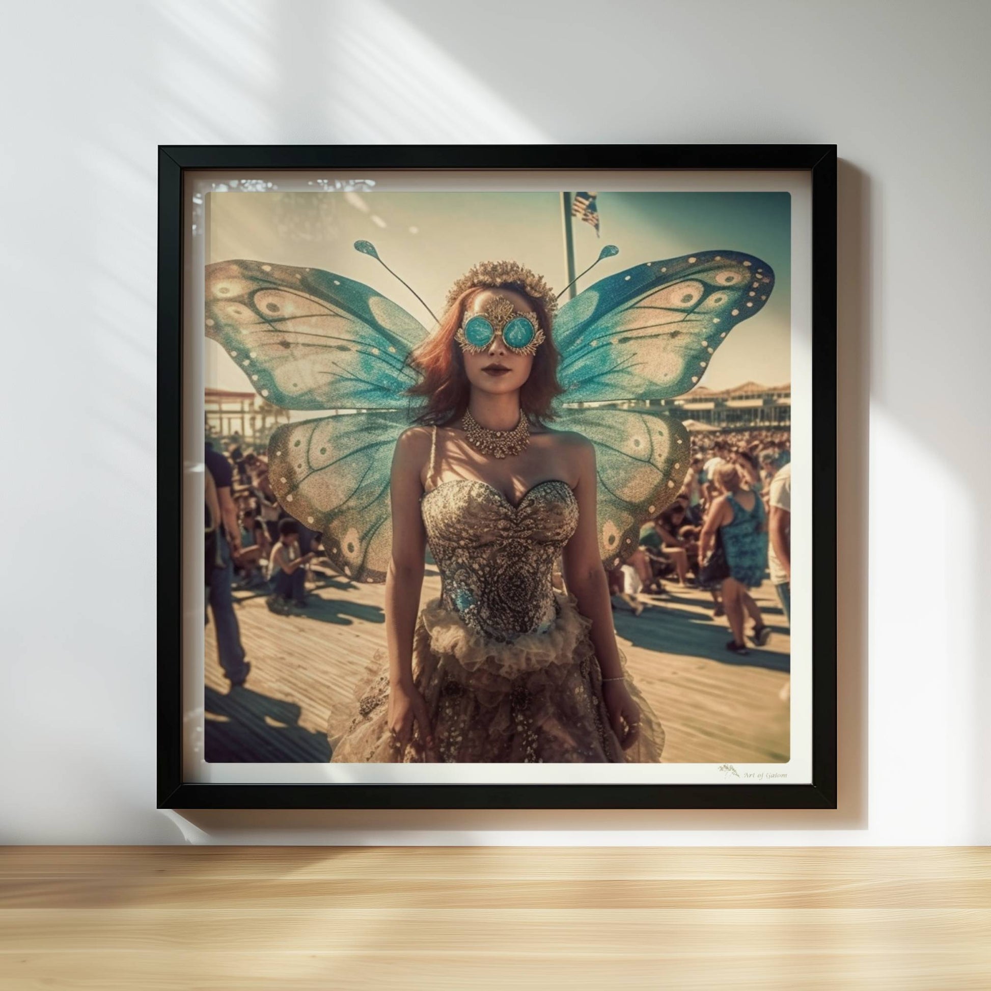Fantasievolle Fee mit blauen Schmetterlingsflügeln und glitzerndem Kleid auf einem Festival, umgeben von Menschenmengen im Sonnenschein.. Rahmen schwarz 30x30