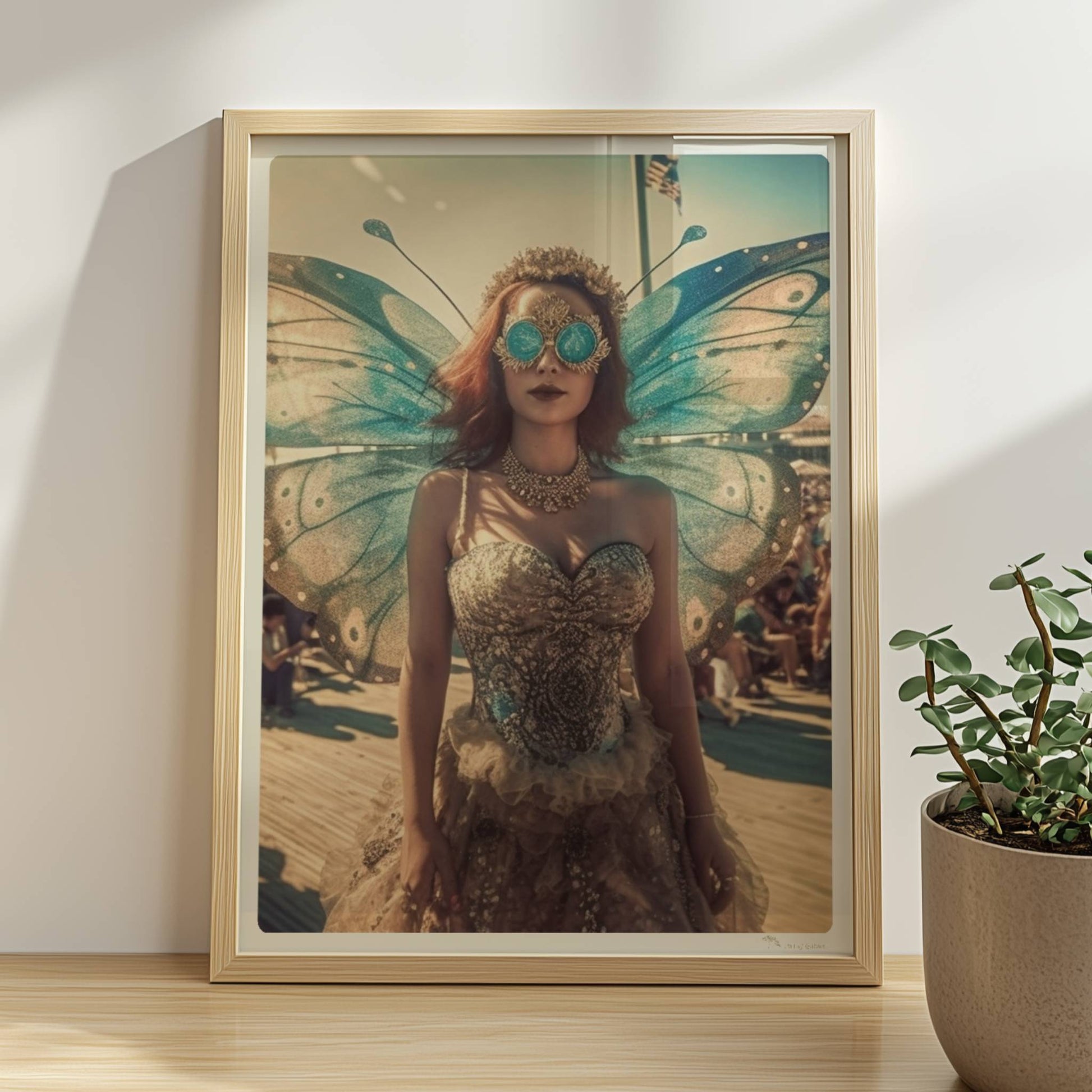 Fantasievolle Fee mit blauen Schmetterlingsflügeln und glitzerndem Kleid auf einem Festival, umgeben von Menschenmengen im Sonnenschein.. Rahmen natur 30x40
