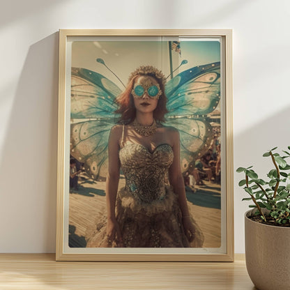 Fantasievolle Fee mit blauen Schmetterlingsflügeln und glitzerndem Kleid auf einem Festival, umgeben von Menschenmengen im Sonnenschein.. Rahmen natur 30x40