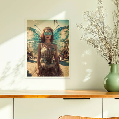 Fantasievolle Fee mit blauen Schmetterlingsflügeln und glitzerndem Kleid auf einem Festival, umgeben von Menschenmengen im Sonnenschein.. Ohne Rahmen 30x40