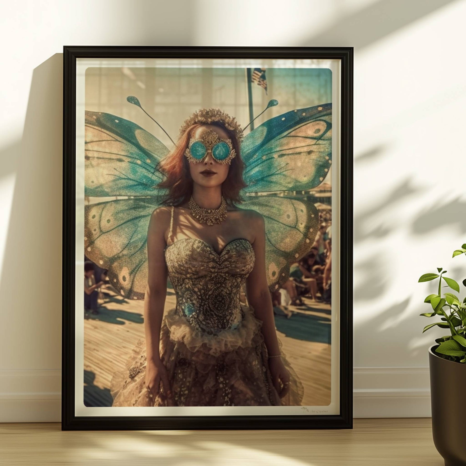 Fantasievolle Fee mit blauen Schmetterlingsflügeln und glitzerndem Kleid auf einem Festival, umgeben von Menschenmengen im Sonnenschein.. Rahmen schwarz 30x40