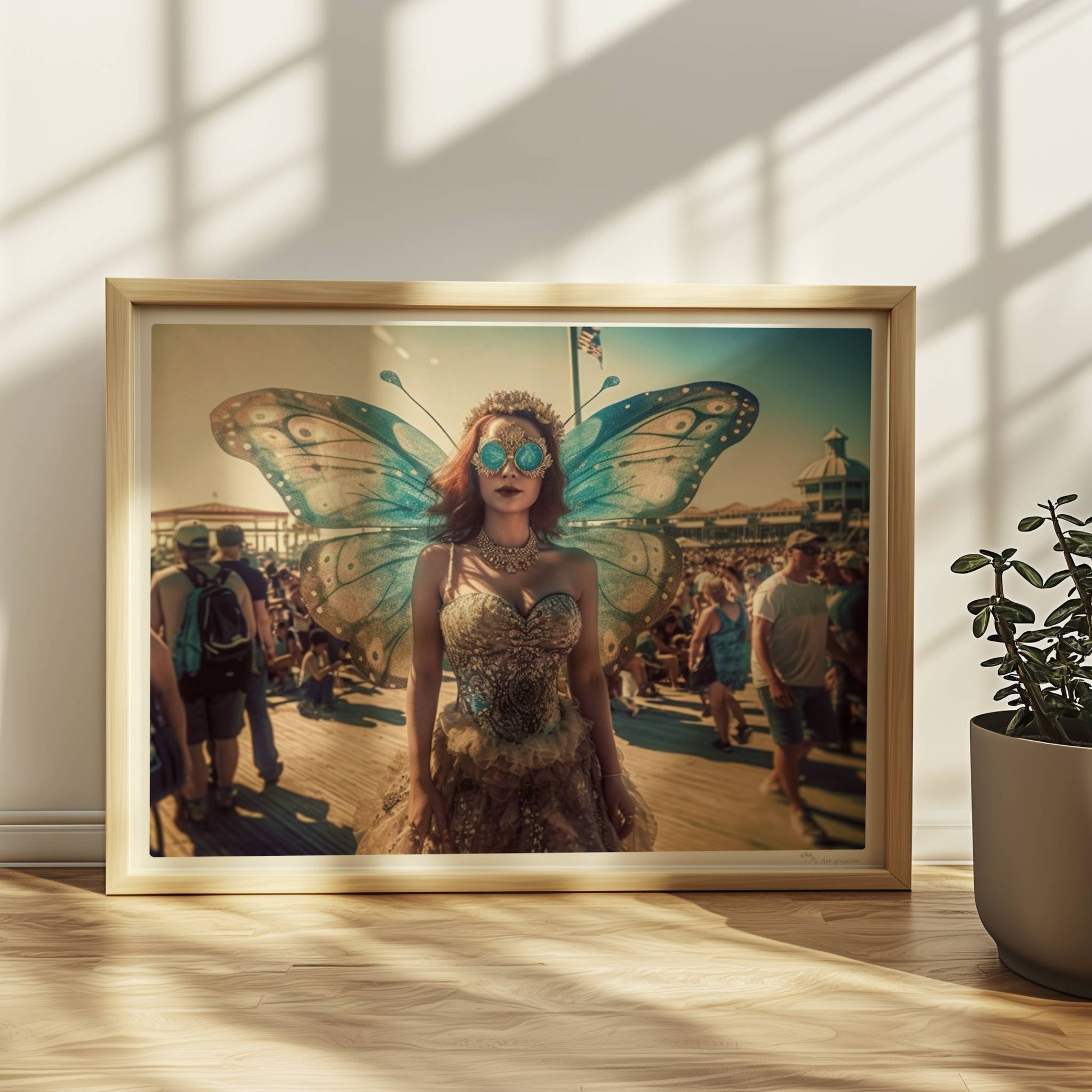 Fantasievolle Fee mit blauen Schmetterlingsflügeln und glitzerndem Kleid auf einem Festival, umgeben von Menschenmengen im Sonnenschein.. Rahmen natur 40x30