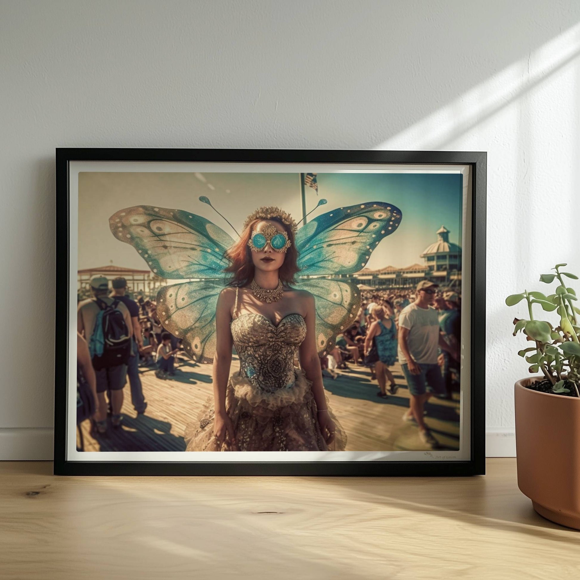 Fantasievolle Fee mit blauen Schmetterlingsflügeln und glitzerndem Kleid auf einem Festival, umgeben von Menschenmengen im Sonnenschein.. Rahmen schwarz 40x30