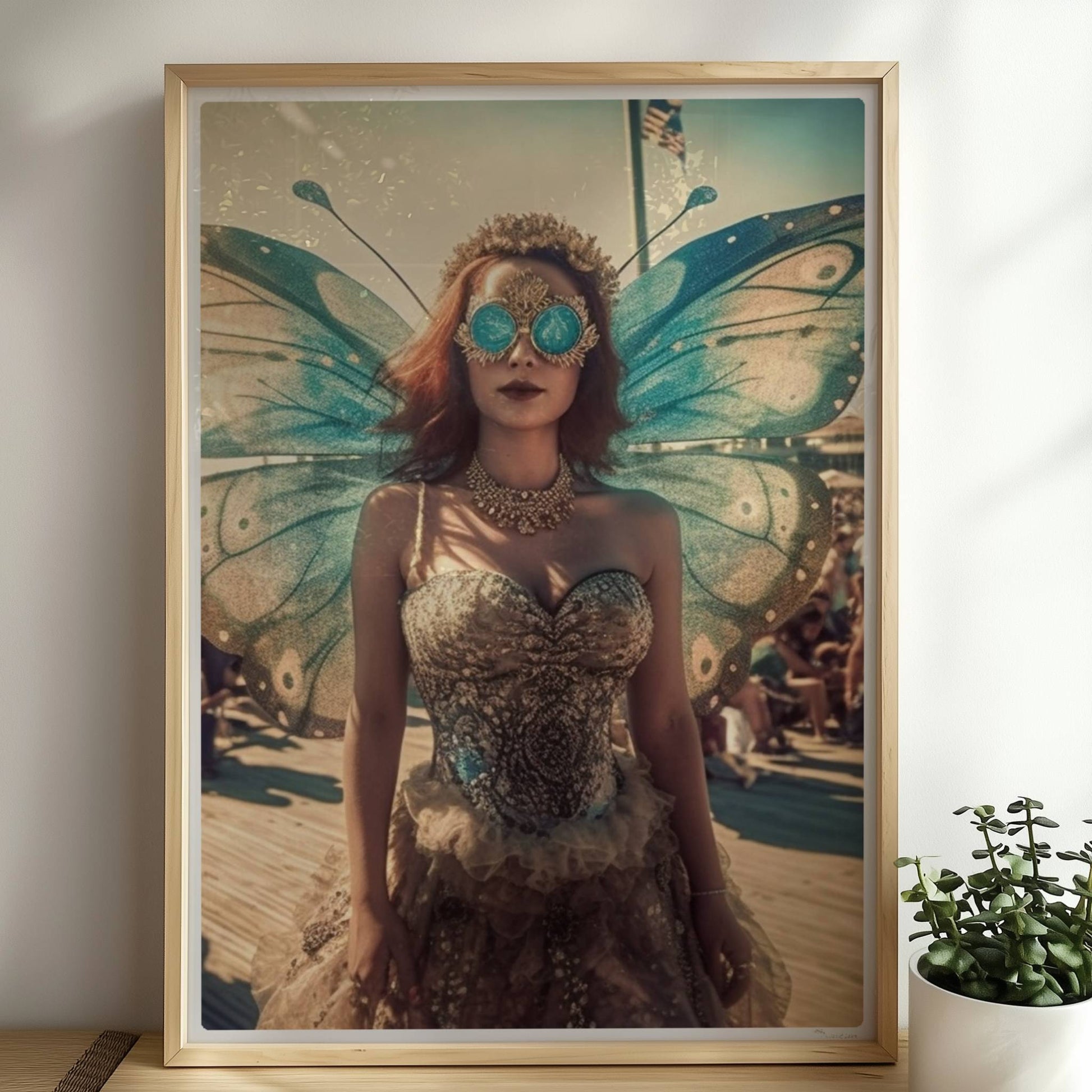 Fantasievolle Fee mit blauen Schmetterlingsflügeln und glitzerndem Kleid auf einem Festival, umgeben von Menschenmengen im Sonnenschein.. Rahmen natur 50x70