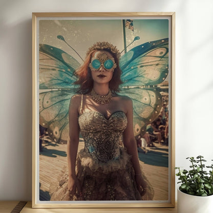 Fantasievolle Fee mit blauen Schmetterlingsflügeln und glitzerndem Kleid auf einem Festival, umgeben von Menschenmengen im Sonnenschein.. Rahmen natur 50x70
