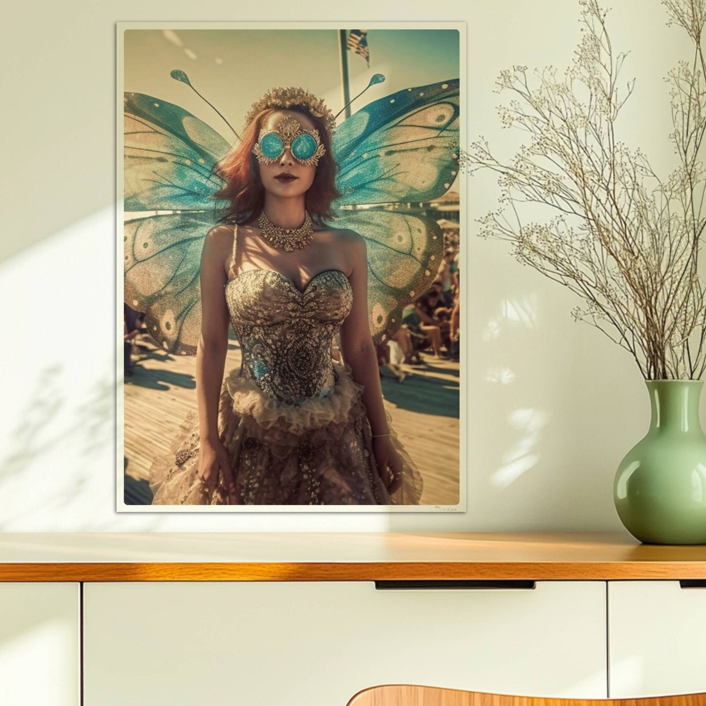 Fantasievolle Fee mit blauen Schmetterlingsflügeln und glitzerndem Kleid auf einem Festival, umgeben von Menschenmengen im Sonnenschein.. Ohne Rahmen 50x70
