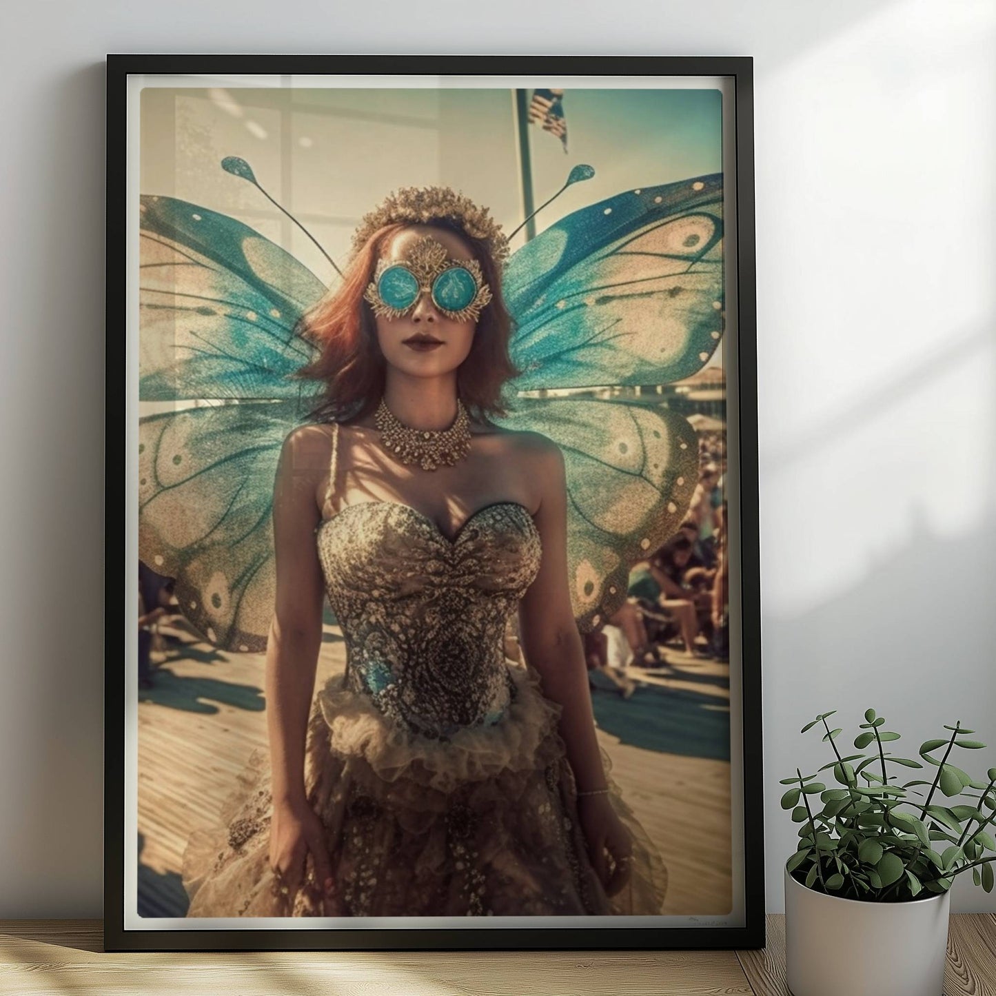 Fantasievolle Fee mit blauen Schmetterlingsflügeln und glitzerndem Kleid auf einem Festival, umgeben von Menschenmengen im Sonnenschein.. Rahmen schwarz 50x70