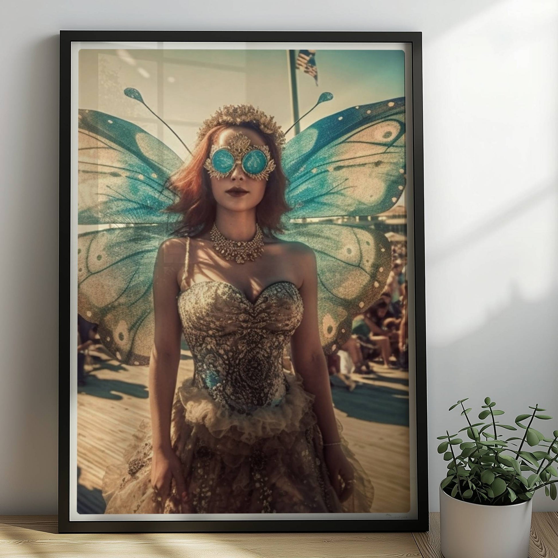 Fantasievolle Fee mit blauen Schmetterlingsflügeln und glitzerndem Kleid auf einem Festival, umgeben von Menschenmengen im Sonnenschein.. Rahmen schwarz 50x70