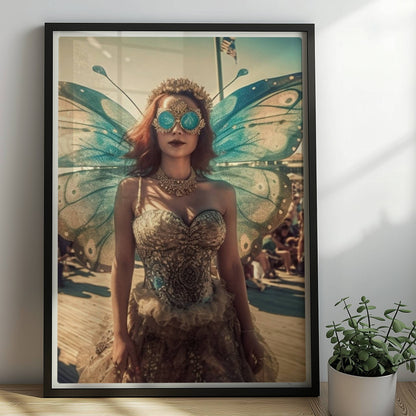 Fantasievolle Fee mit blauen Schmetterlingsflügeln und glitzerndem Kleid auf einem Festival, umgeben von Menschenmengen im Sonnenschein.. Rahmen schwarz 50x70