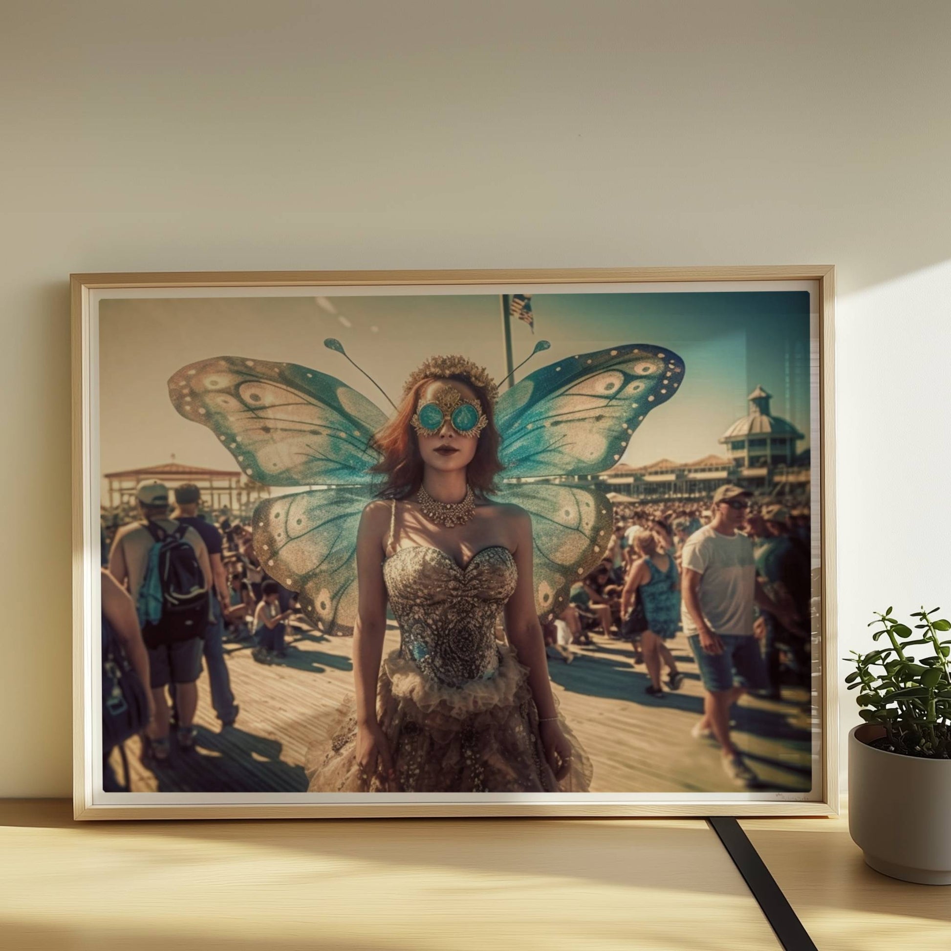 Fantasievolle Fee mit blauen Schmetterlingsflügeln und glitzerndem Kleid auf einem Festival, umgeben von Menschenmengen im Sonnenschein.. Rahmen natur 70x50