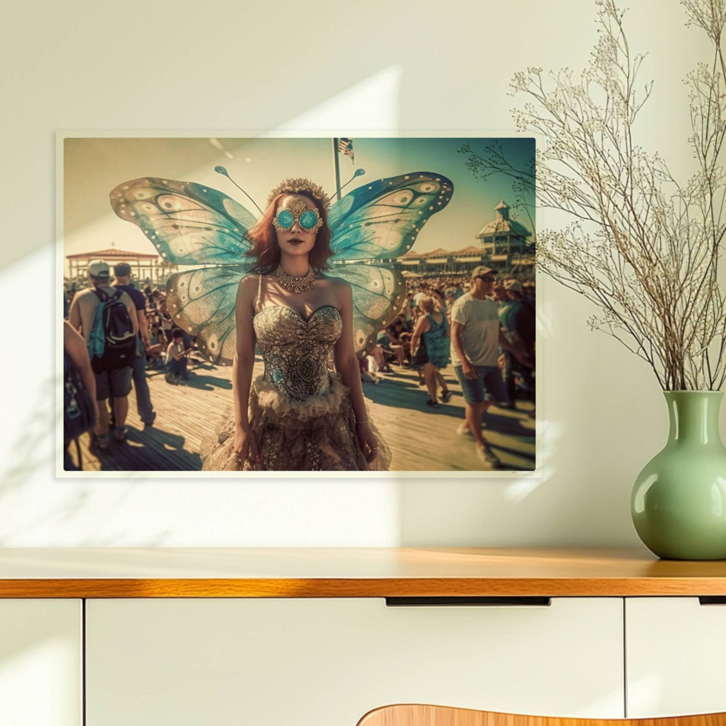 Fantasievolle Fee mit blauen Schmetterlingsflügeln und glitzerndem Kleid auf einem Festival, umgeben von Menschenmengen im Sonnenschein.. Ohne Rahmen 70x50