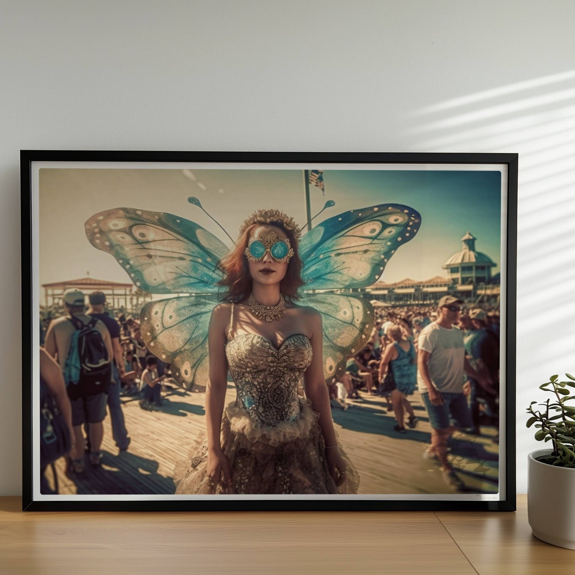 Fantasievolle Fee mit blauen Schmetterlingsflügeln und glitzerndem Kleid auf einem Festival, umgeben von Menschenmengen im Sonnenschein.. Rahmen schwarz 70x50