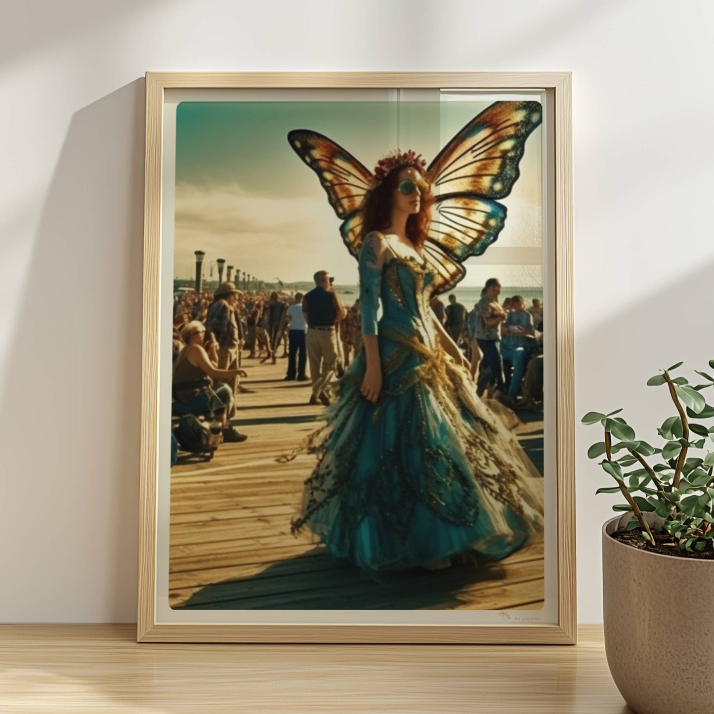 Frau in farbenfrohem Schmetterlingskostüm mit großen Flügeln als Cosplayerin auf einem Festival, umgeben von Besuchern auf einem sonnigen Pier.. Rahmen natur 30x40