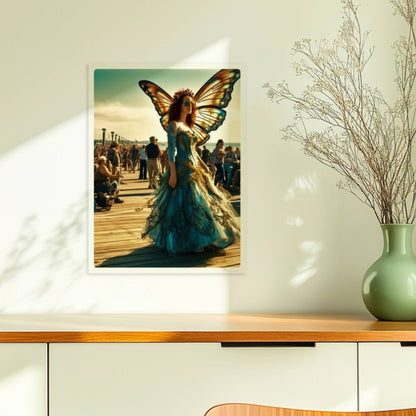Frau in farbenfrohem Schmetterlingskostüm mit großen Flügeln als Cosplayerin auf einem Festival, umgeben von Besuchern auf einem sonnigen Pier.. Ohne Rahmen 30x40