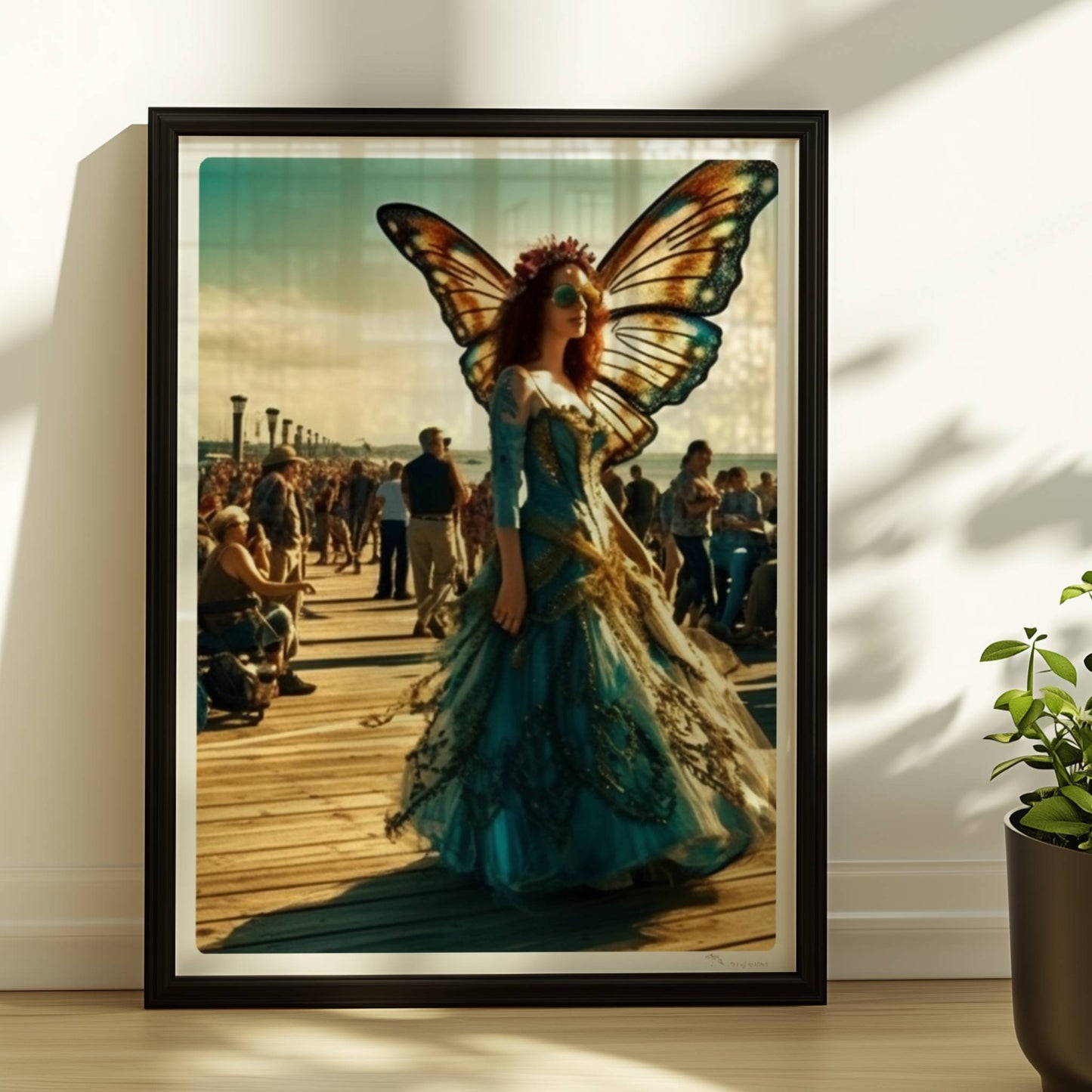 Frau in farbenfrohem Schmetterlingskostüm mit großen Flügeln als Cosplayerin auf einem Festival, umgeben von Besuchern auf einem sonnigen Pier.. Rahmen schwarz 30x40