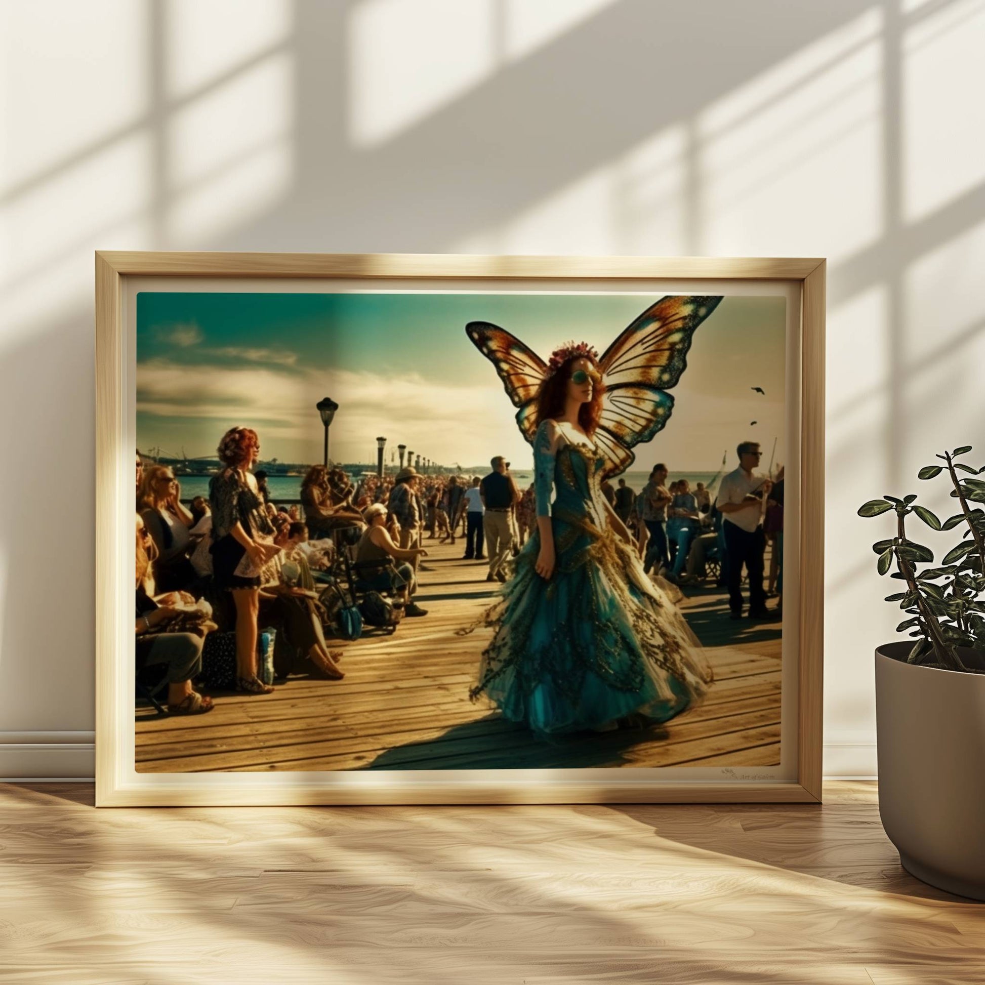 Frau in farbenfrohem Schmetterlingskostüm mit großen Flügeln als Cosplayerin auf einem Festival, umgeben von Besuchern auf einem sonnigen Pier.. Rahmen natur 40x30