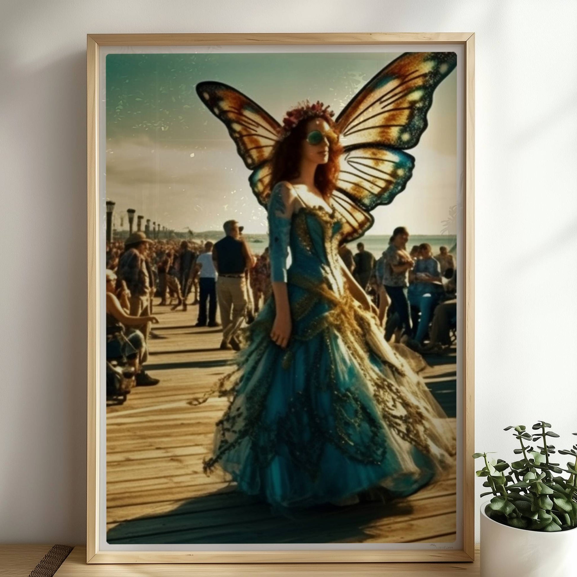 Frau in farbenfrohem Schmetterlingskostüm mit großen Flügeln als Cosplayerin auf einem Festival, umgeben von Besuchern auf einem sonnigen Pier.. Rahmen natur 50x70
