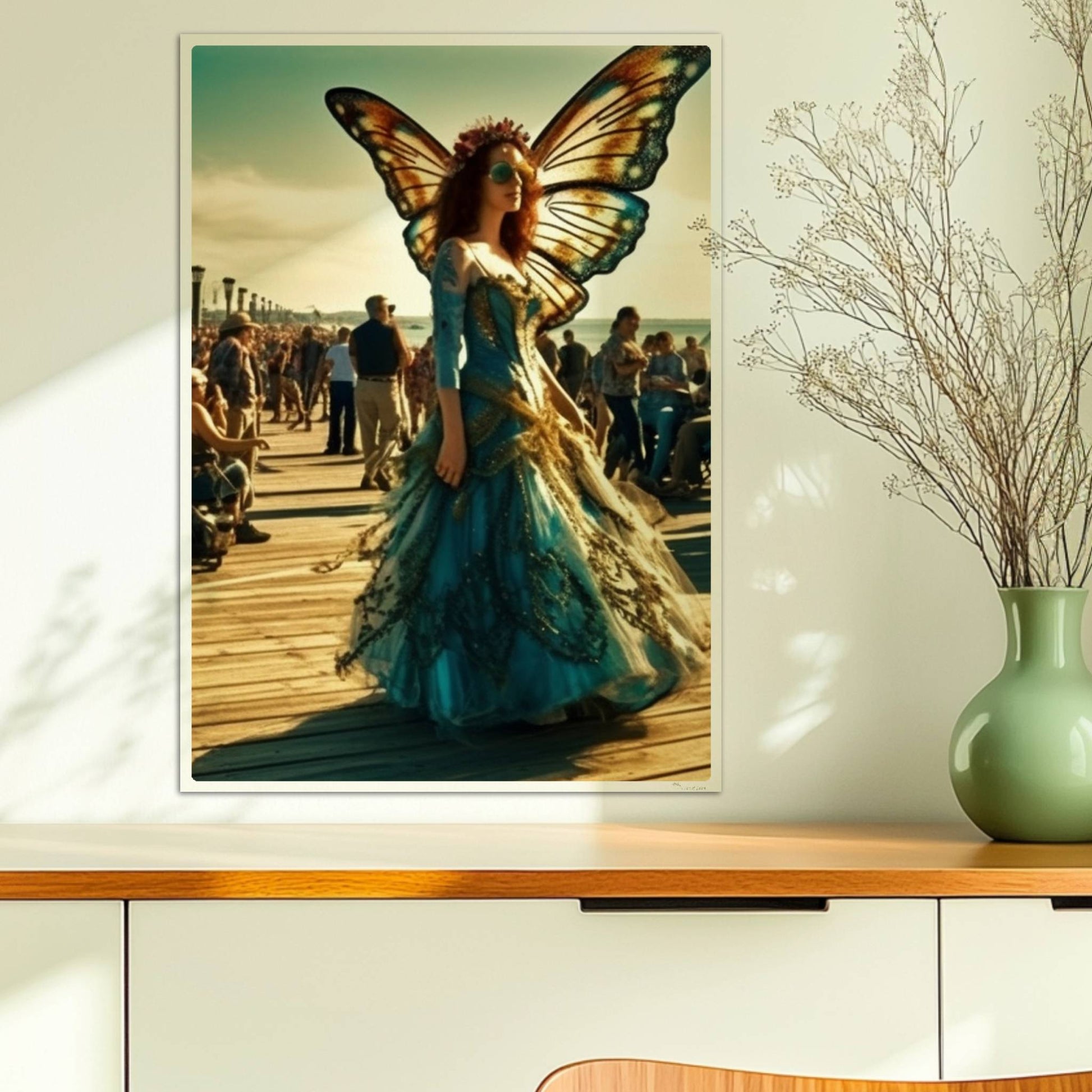 Frau in farbenfrohem Schmetterlingskostüm mit großen Flügeln als Cosplayerin auf einem Festival, umgeben von Besuchern auf einem sonnigen Pier.. Ohne Rahmen 50x70