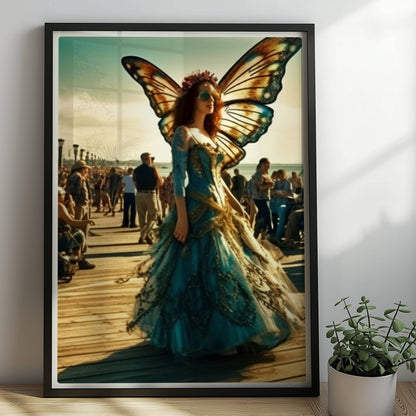 Frau in farbenfrohem Schmetterlingskostüm mit großen Flügeln als Cosplayerin auf einem Festival, umgeben von Besuchern auf einem sonnigen Pier.. Rahmen schwarz 50x70