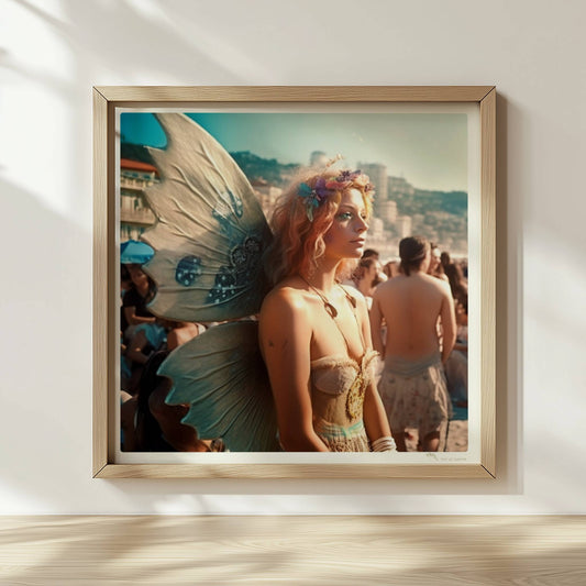 Frau im zarten Feenkostüm mit glitzernden Flügeln und Blumenkranz steht auf einem Festival voller Menschen am sonnigen Strand.. Rahmen natur 30x30