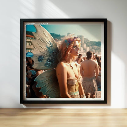 Frau im zarten Feenkostüm mit glitzernden Flügeln und Blumenkranz steht auf einem Festival voller Menschen am sonnigen Strand.. Rahmen schwarz 30x30