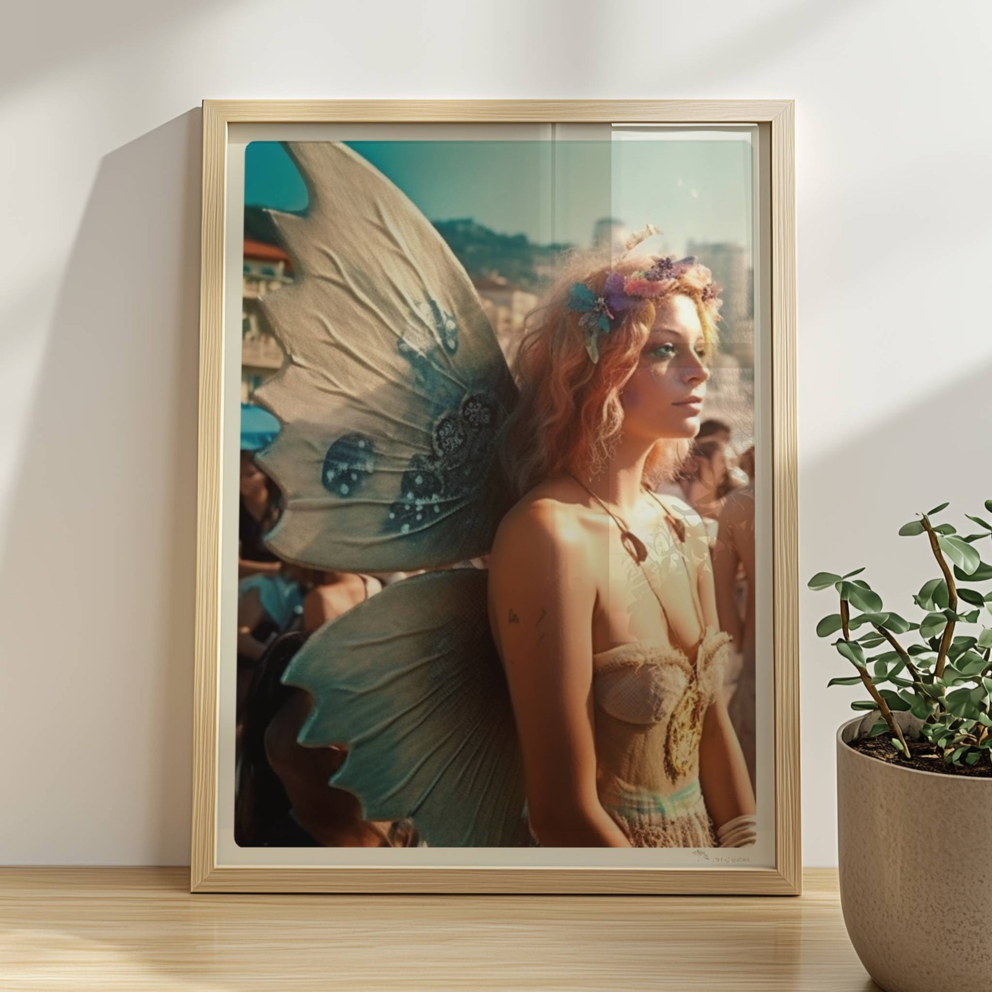 Frau im zarten Feenkostüm mit glitzernden Flügeln und Blumenkranz steht auf einem Festival voller Menschen am sonnigen Strand.. Rahmen natur 30x40